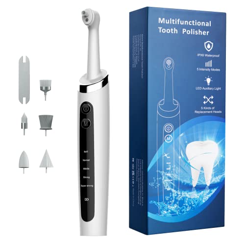 Image of Dentist Tooth Polisher,Electric Tooth Polisher Professional with 5 Replacement Heads & Cleaning Modes, USB Rechargeable, Ipx6 Waterproof, Dental Polisher for Adults & Kids White.