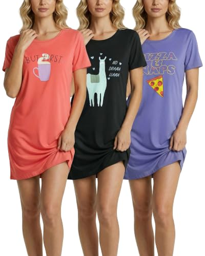 Image of Real Essentials 3 Pack: Women's Short Sleeve Nightgown Dress - Nightshirt Pajama Sleep Shirt Sleepwear (Available in Plus)