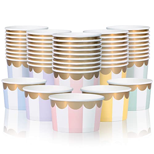 Gobelets en Papier pour Glace, 50 pièces de 160 ml, Bols Jetables pour Desserts Chauds ou Froids, 5 Couleurs Rayées Pastel avec Finition Dorée