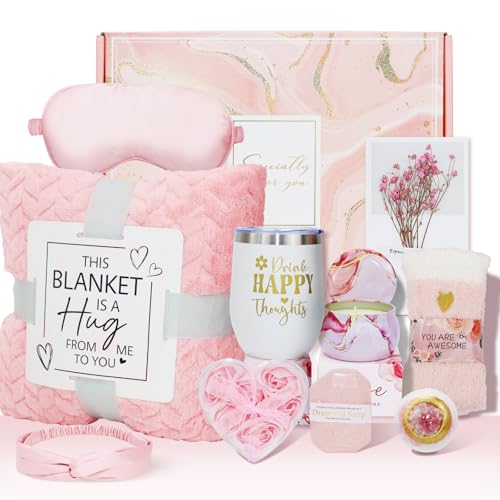 Regalos de bienestar para mujer – Caja de recuperación y relajación spa con manta, cumpleaños, día de la madre, para esposa, mamá, hermana, amiga – rosa