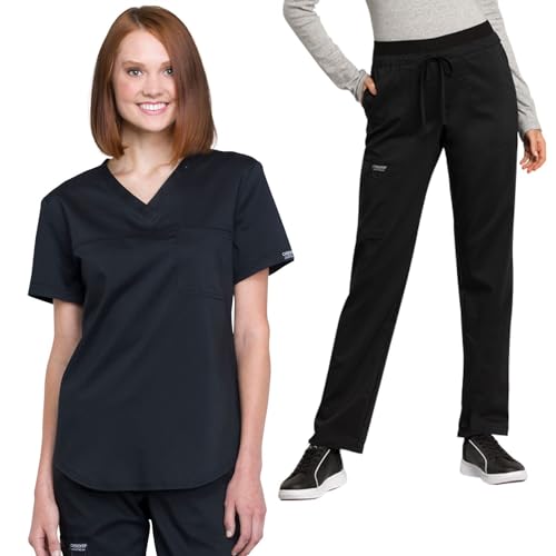 Ensemble d'infirmière femme col en V Cherokee WW657 pantalon noir avec cordon WW105