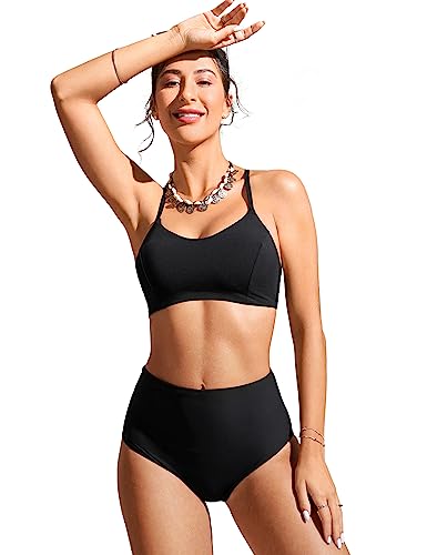 CRZ YOGA Women's Bikini Top Lace Up V Neck Swimsuits Crisscross Bathing Suit Swim Sports Bra Padded Black Medium - Image 5