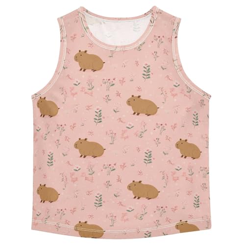 Bolaz Boys Athletic Quick Dry Tank Top Sleeveless Workout T Shirts Age 11-15,Floral and Capybara Pink