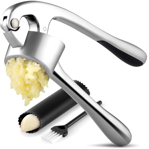Image of Zulay Kitchen Large Premium Garlic Press Set - Bigger Bowl for Bigger Garlic - Rust Proof Garlic Mincer Tool - Easy-Squeeze, Easy-Clean Silicone Garlic Peeler & Brush (Chrome)