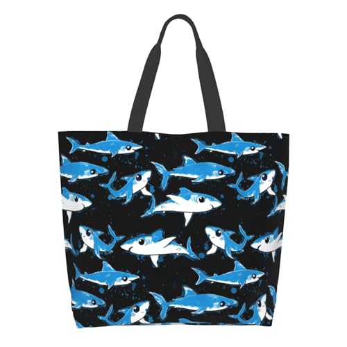 Cafl Sharks Tote Bag Cartoon Shark Shoulder Bag Large Reusable Eco-friendly Beach Bag Portable Storage Handbag Convenient for Women Gym Beach Travel Shopping