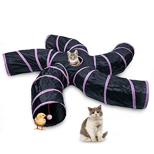 Image of EGETOTA Cat Tunnel for Indoor Cats Large, with Play Ball S-Shape 5 Way Collapsible Interactive Peek Hole Pet Tube Toys, Puppy, Kitty, Kitten, Rabbit (Pink & Black)