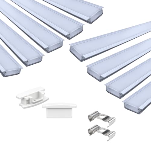 Image of Lighting 18x6mm LED Strip Lights 1 Meter Aluminium Rectangular Concealed Profile Light Channels with Diffused Cover, End Caps and Mounting Clips Without LED Straight Linear, (Pack of 9)