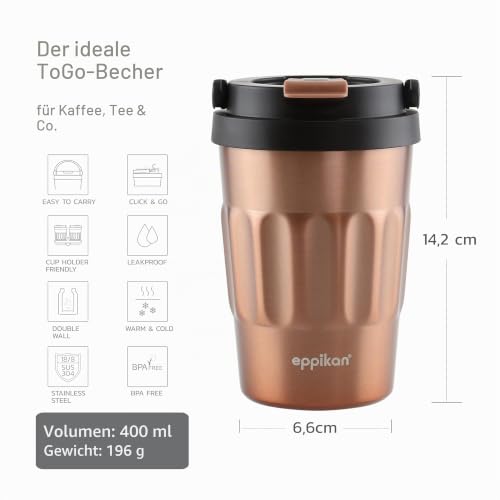 eppikan eppiCafé Edelstahl Thermobecher mit klappbarem Tragegriff - auslaufsicherer Coffee-To-Go-Becher für Kaffee und Tee 400 ml (Matt… – Ansicht 2