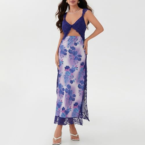 Image of Women Sexy Lace Patchwork Mesh Dress Floral Print Cutout Sweetheart Neck Backless Slit Summer Maxi Dress