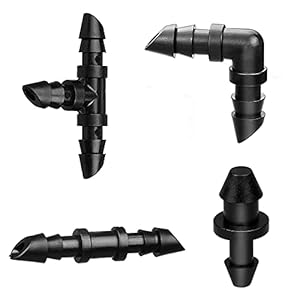 JAYEE Irrigation Fittings Kit for 1/4″ Tubing 110 Piece Set – 50 Couplings,30 Tees, 20 Elbows, 10 End Plugs – Barbed Connectors for Drip or Sprinkler Systems