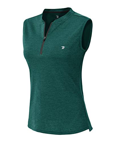 YSENTO Women's Golf Apparel Shirts Clothes Outfits Sleeveless 1/4 Zip Collarless Dry Fit UPF 50+ Tennis Polo Tank Tops Army Green Size M