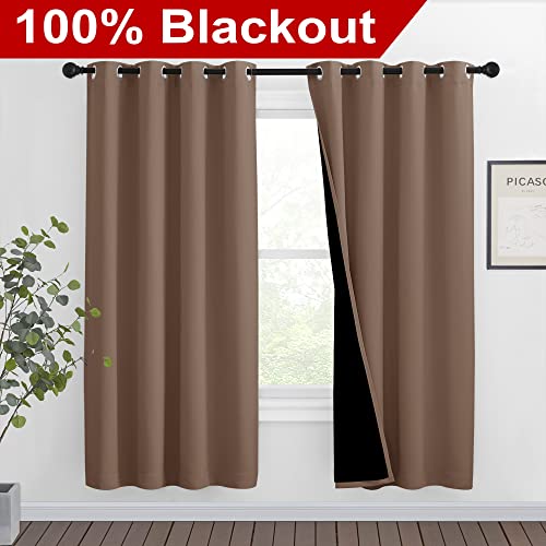 Image of NICETOWN Living Room Completely Shaded Draperies, Privacy Protection & Noise Reducing Ring Top Drapes, Black Lined Insulated Window Treatment Curtain Panels(Cappuccino, 2 Pieces, W46 x L72)
