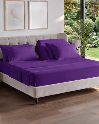 Image of Flex Top Split Head King 6 Piece Sheet Set - Breathable & Cooling - Purple | Ultra Soft Hotel Luxury Bedding Set w / 8-16 Inch Deep Pockets, 1 Flat & 1 Split-Head Fitted Sheet & 4 Pillowcases, Fade Free