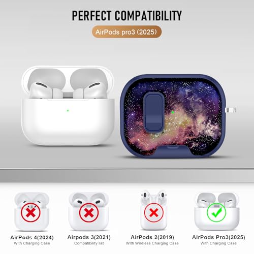 Image of Compatible Airpods Pro 3 Case (2025) with Phone Stand & Cleaner Kit,Print Soft Silicone Lock Clip Apple AirPods Pro 3rd Generation Case, Airpod Pro 3 Cover with Keychain for Women /Girls,Starry Sky