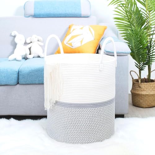 Image of Laundry Basket for Clothes | Cotton Rope Laundry Basket with Handles | Foldable Clothes Storage Basket for Bedroom, Bathroom & Laundry Room | Large Laundry Hamper, 36 x 36 x 46 cm