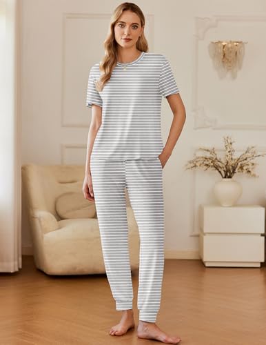 Image of Ekouaer Pajamas for Women Set 2 Pack Lounge Set Short Sleeve Pjs Joggers Long Pants Loungepwear with Pockets