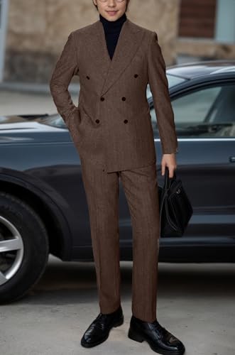 Retro Tweed Men's Suit Herringbone 2 Piece Slim Fit Double Breasted Suits Prom Wedding Tuxedo Jacket Blazers Pants for Men2