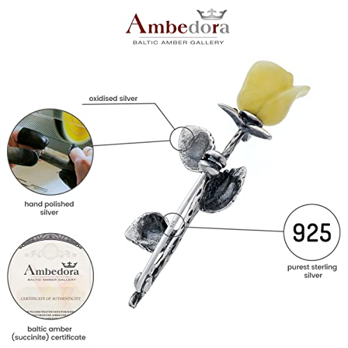 Image of Women's Brooch, Oxidised Sterling Silver, Hand Carved Amber Rose, Small Silver Brooch with Milky Amber Rose, 3 g