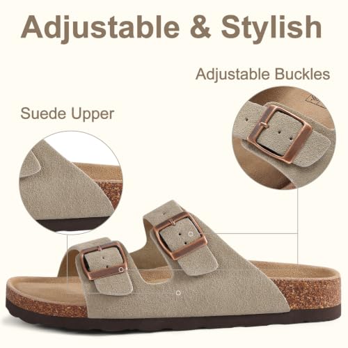 Image of KIDMI Women's Cork Footbed Casual Summer Sandals with Mild Arch Support | Double Adjustable Buckle Slides for Men with Memory Foam, Lightweight Unisex No-Break-In Sandals
