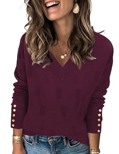 AKEWEI Women's Sweaters Casual V Neck Long Sleeve Pullover Tops Ribbed Knit Fall Shirts Clothes(Wine Red,Small)