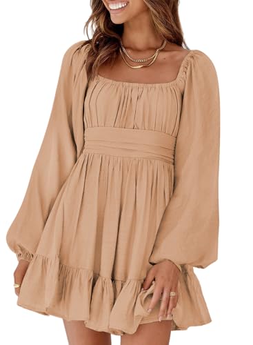 Dokotoo Women's Summer Dresses Square Neck Tie Back Off The Shoulder Dress Lantern Long Sleeve Khaki Dresses Ruffle A-Line Flowy Dress Elastic Waist Casual Party Beach Outifits Medium