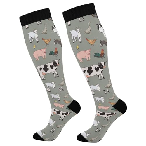 Ksajwzf Compression Socks for Men and Women Horse Cow Sheep Goat Knee High Socks Support Grey Animal for Athletic Sport Running Hiking Fitness