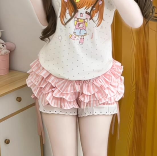 Womens Y2K Off Shoulder Kawaii T-Shirt Suit Hrajuku Plaid Ruffled Lace Pumpkin Short Pants Cute Cat Graphic Tops - Image 2