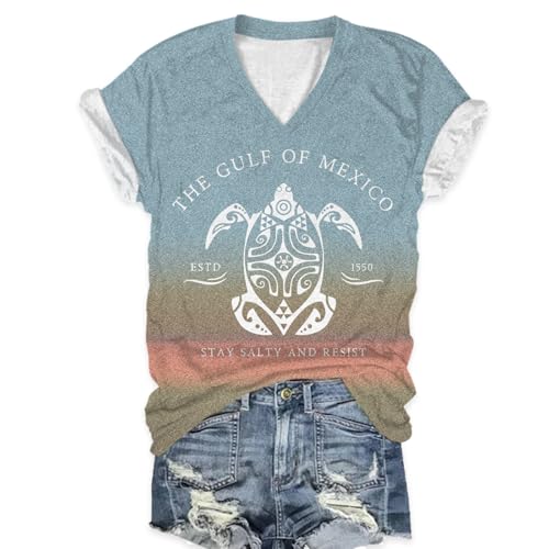 Softwolf Gulf of Mexico T Shirt Women, Stay Salty and Resist Est 1550 Tshirt V Neck T-Shirt (US, Alpha, Large, Regular, Regular, Multi)