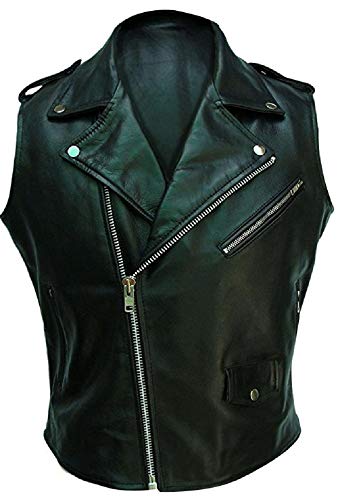 Mens Real Black Leather Vest - Brando Style Sleeveless Biker Jacket, Premium Genuine Leather Waistcoat, Motorcycle Vest
