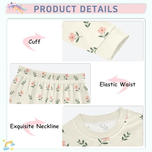 Cartoon Pajamas Set Flowers Leaves Light Beige Pattern Long Sleeve PJs Cotton Jammies Sleepwear Top and Pants4