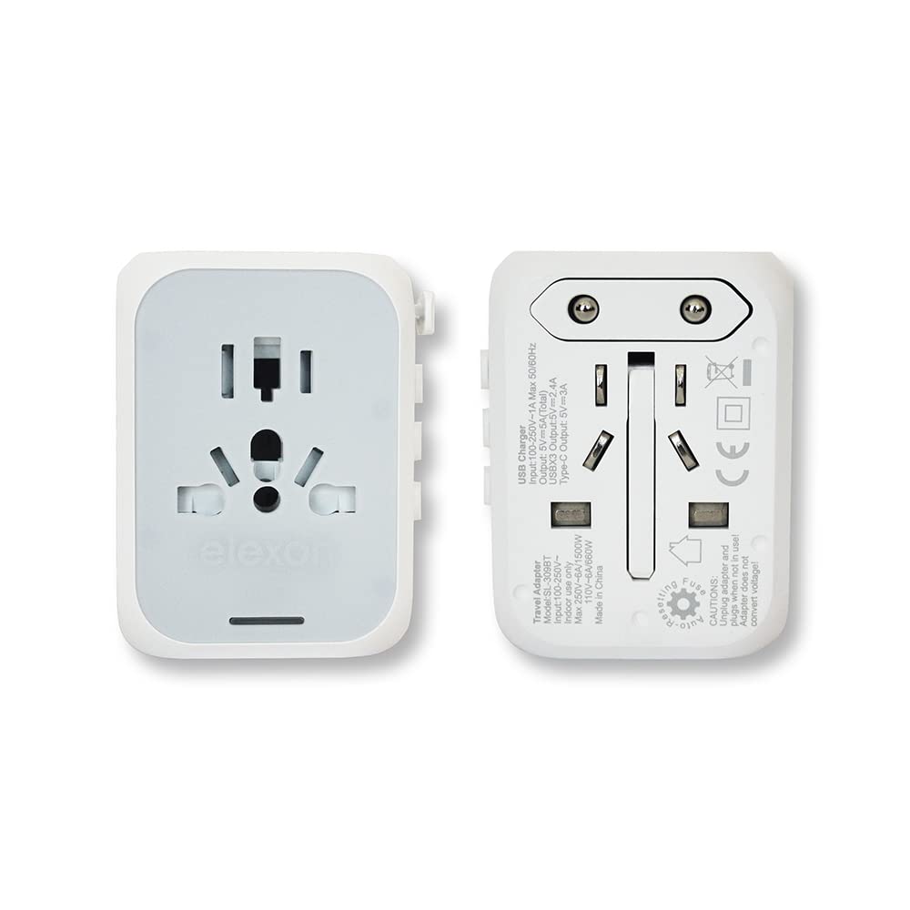 ELEXON All in One Universal USB Travel Power Multi Adapter with 3 USB Port & Type-C International Wall Charger Worldwide AC Power Plug AC Socket for Multi-Nation Travel UK, EU, AU, Asia (ELT6)