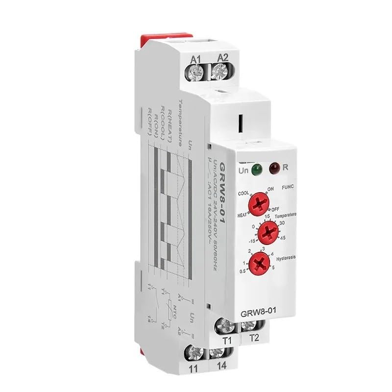GRW8-01/02 Din Rail Temperature Control Relay 16A AC/DC24-240V NTC Sensor Heating & Cooling 1pcs(GRW8-01-2m Sensor)