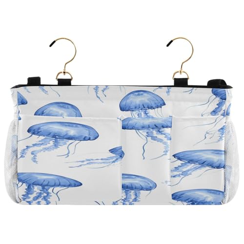 BOESI Watercolor Blue Jellyfish Bedside Storage Hanging Bag, Hanging Storage Basket, Suitable for Storing Cell Phones, Water Bottles, Books