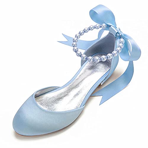 Satin Pearls Wedding Flats Shoes for Bride Round Toe Formal Evening Party Dress Flat Shoes Women 5049-63
