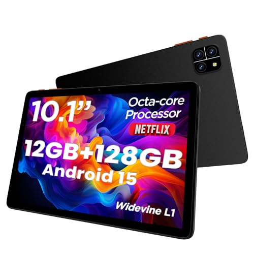 Image of Tablet: 10 Inch Tablet, Android 15 Tablets, 12GB RAM 128GB ROM, Octa-core Processor, IPS HD Display, Widevine L1, WiFi 6 & Bluetooth 5.4, Dual Cameras, Dual Speakers, 6000mAh Battery - Black