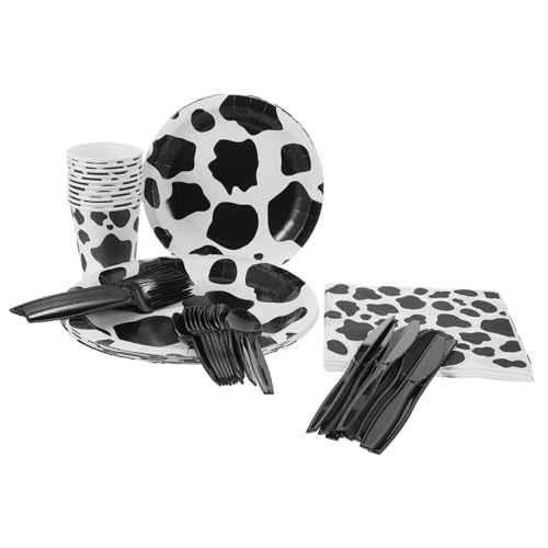 PLAFOPE 1set Cow-Themed Party Tableware Set Dinnerware Includes Paper Plates Napkins Cups and Cutlery for Boys and Girls Farm Birthday Celebration and