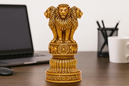 Image of ZYROO National Emblem Satyamev Jayate Ashoka Pillar - 5 Inch Golden Finish Lion Capital Idol for Study Table Ashoka Stambh Car Dashboard & Office Decor