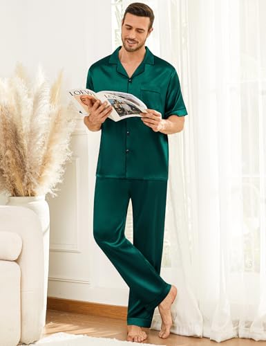 Image of SWOMOG Mens Silk Pajamas Set Satin Pj Set Short Sleeve Sleepwear Button Down Lounge Set with Drawstring & Pockets S-3XL