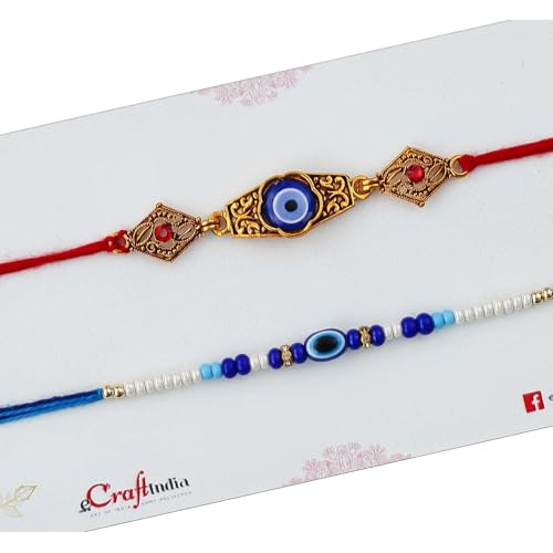 Image of eCraftIndia Set of 2 Designer Evil Eye Rakhis for Brothers with Best Bro Ever Fridge Magnet | Roli Chawal Pack