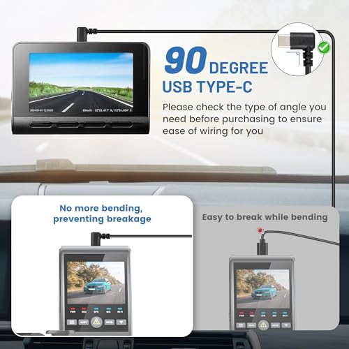 EWAY USB C Dash Cam Power Cord (13FT/4M), 90 Degree USB-A 2.0 to Type-C Cable REQUIRES 2.5A Input - USBC Replacement Power Supply for Front Rear View Mirror Dashcam Dashboard Recorder Recording Camera
