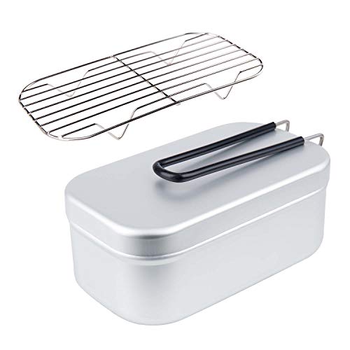 HollyTree アルミ製飯盒 メスティン バットアミ付き クッカー アウトドア用二点セット キャンプ用 収納ボックス お弁当箱 食器 炊飯 蒸し 燻製 デイキャン用 二重研磨 傷つけ防止