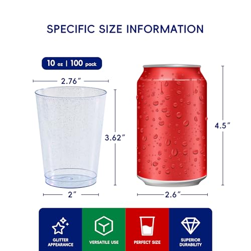 JOLLY CHEF 100 Pack 10 oz Blue Plastic Cups, Blue Disposable Tumblers, Elegant Glitter Party Drinking Cups for Wedding, Thanksgiving Day, Christmas Halloween