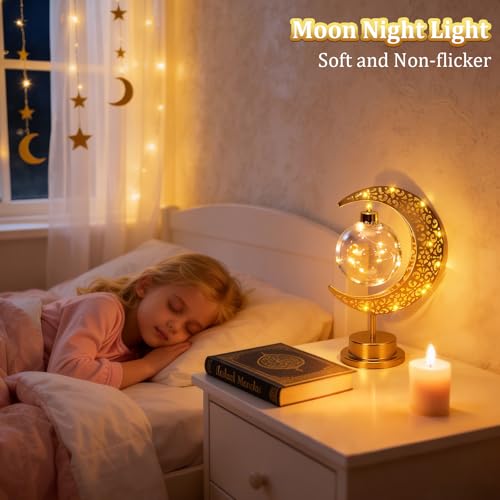 Ramadan Moon Table Lamp Crescent Lamp Ramadan Decorations Half Moon Light Battery Operated Metal Ramadan Star Lamp Lunar Lamp Eid Decorations Moon Bedside Lamp for Home Bedroom - 6