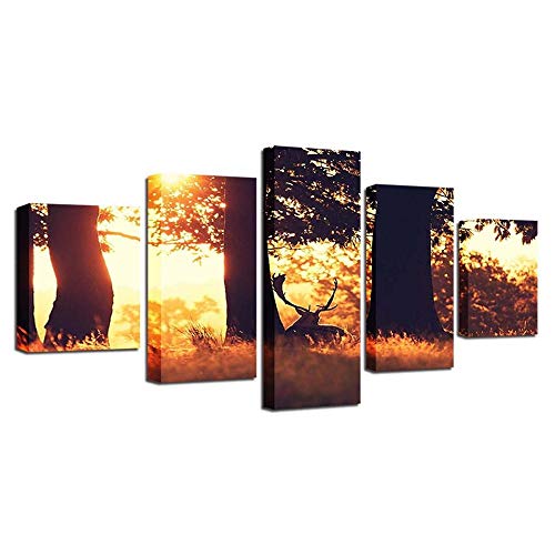 Tableau mural sur toile 5 pièces motif arbre de soleil et élan pour salon moderne