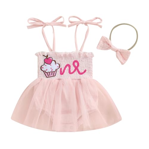1-st Birthday Outfit Girl Baby First Birthday Cake Smash Dress Tutu Romper Sweet Berry One Year Old Outfits (1st Cake One Pink, 6-12 Months)
