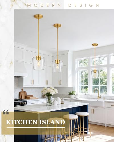 Image of 2-Pack Gold Pendant Lights Kitchen Island, 8 inch Clear Glass Shade | Modern Hanging Light Fixture for Dining Room, Adjustable Height, E26 Base, Brushed Gold, AD-22004-1P2L-GD