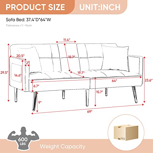 Futon Sofa Bed With Cup Holder, Antetek 69-Inch Modern Tufted Velvet Convertible Sleeper Sofa Couch Oversized Loveseat Sofa W/3 Adjustable Positions, 6 Metal Legs For Living Room Bedroom Office, Black #TOP1