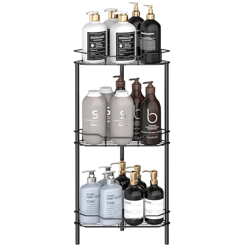 Image of HuggieGems 3 Tier Floor Standing Corner Shower Caddy Organizer Shelf with Hooks, Bathroom Shelves Stand Rack, Matt Black