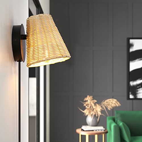 Image of Boho Plug in Wall Sconces with On /Off Switch Cord for Bedroom, Black Rattan Wicker Wall Lamp with Plug in Cord Rotatable Japanese Waven Reading Light Wall Mounted Fixtures for Loft, Living Room