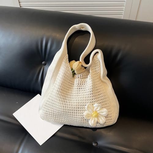 Floral Crochet Shoulder Bag Casual Hollow Out Knit Tote for Women(Apricot)4